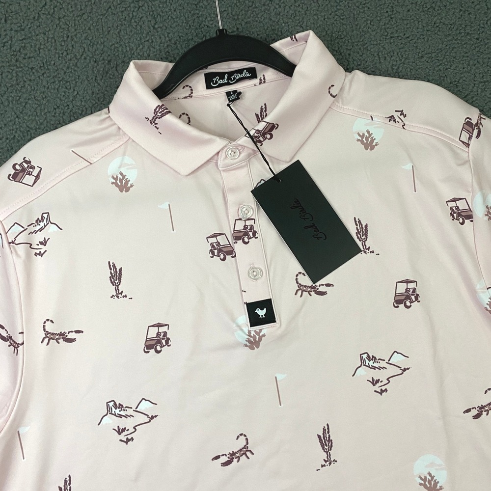 Bad Birdie Polo Shirt Men Large Pink Desert Baddies Scorpion Cactus Golf Western